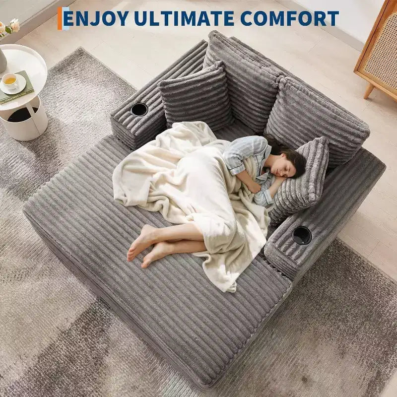 Fauteuil méridienne grand format, canapé-lit rembourré de 60 avec coussins décoratifs et accoudoirs, canapé convertible en velours côtelé pour salon ou chambre