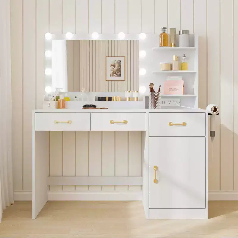 Schminktisch mit Spiegel - 3 Schubladen, 2 Ablagefächer, Schrank und offene Ablagen - Schminktisch aus Holz für Schlafzimmer oder Ankleidezimmer - Weiß