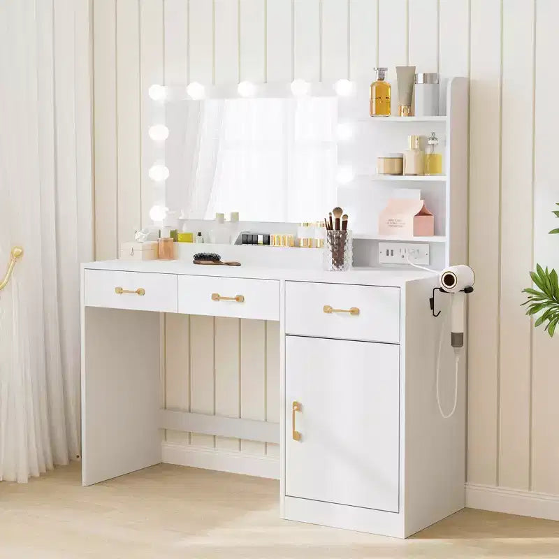 Schminktisch mit Spiegel - 3 Schubladen, 2 Ablagefächer, Schrank und offene Ablagen - Schminktisch aus Holz für Schlafzimmer oder Ankleidezimmer - Weiß