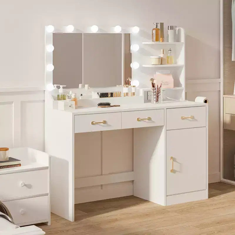 Schminktisch mit Spiegel - 3 Schubladen, 2 Ablagefächer, Schrank und offene Ablagen - Schminktisch aus Holz für Schlafzimmer oder Ankleidezimmer - Weiß