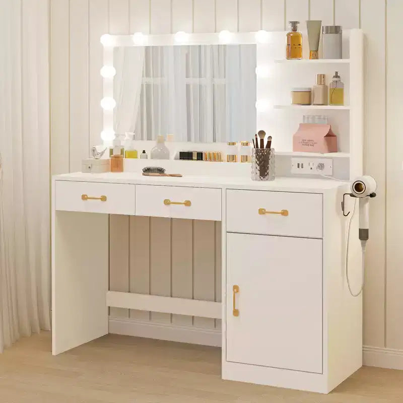 Schminktisch mit Spiegel - 3 Schubladen, 2 Ablagefächer, Schrank und offene Ablagen - Schminktisch aus Holz für Schlafzimmer oder Ankleidezimmer - Weiß
