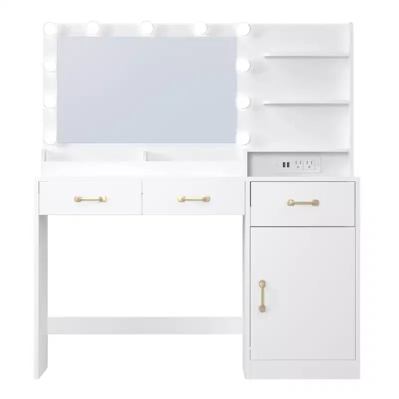 Schminktisch mit Spiegel - 3 Schubladen, 2 Ablagefächer, Schrank und offene Ablagen - Schminktisch aus Holz für Schlafzimmer oder Ankleidezimmer - Weiß