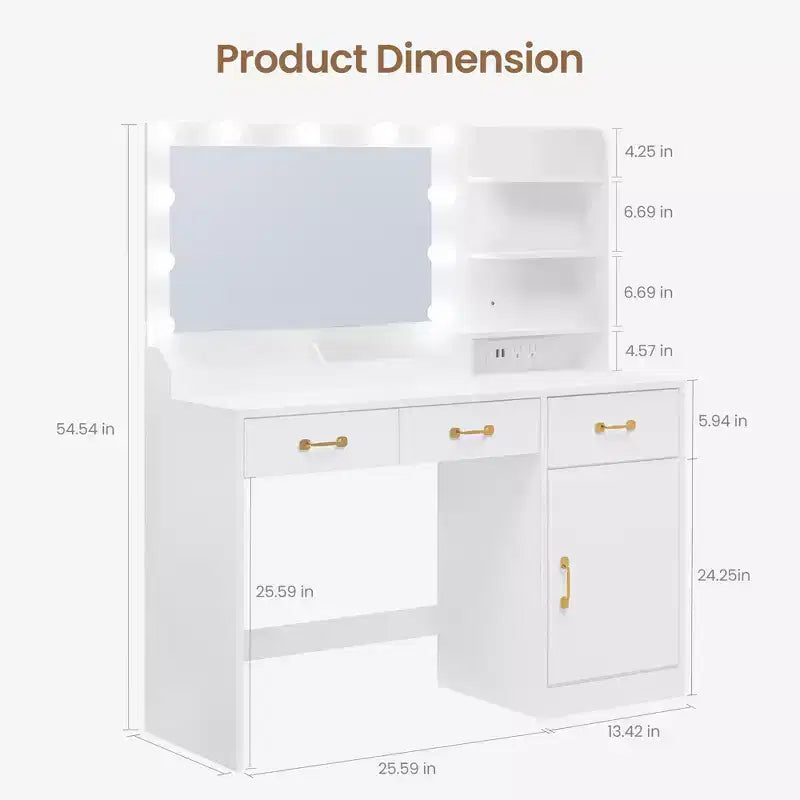 Schminktisch mit Spiegel - 3 Schubladen, 2 Ablagefächer, Schrank und offene Ablagen - Schminktisch aus Holz für Schlafzimmer oder Ankleidezimmer - Weiß