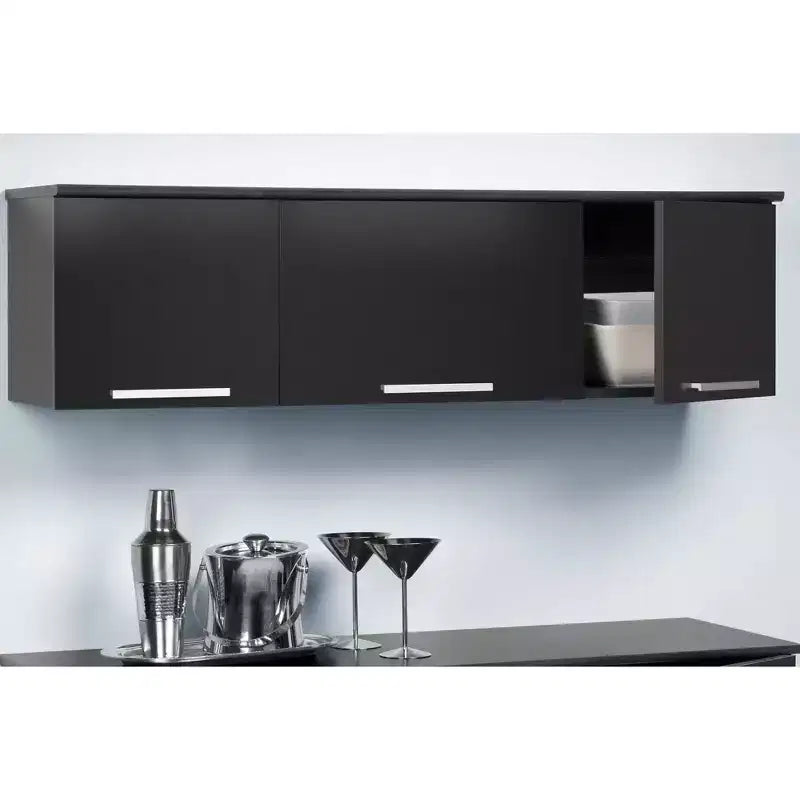 Meuble haut mural noir - rangement stratifié, charnières à fermeture automatique, poignées nickelées