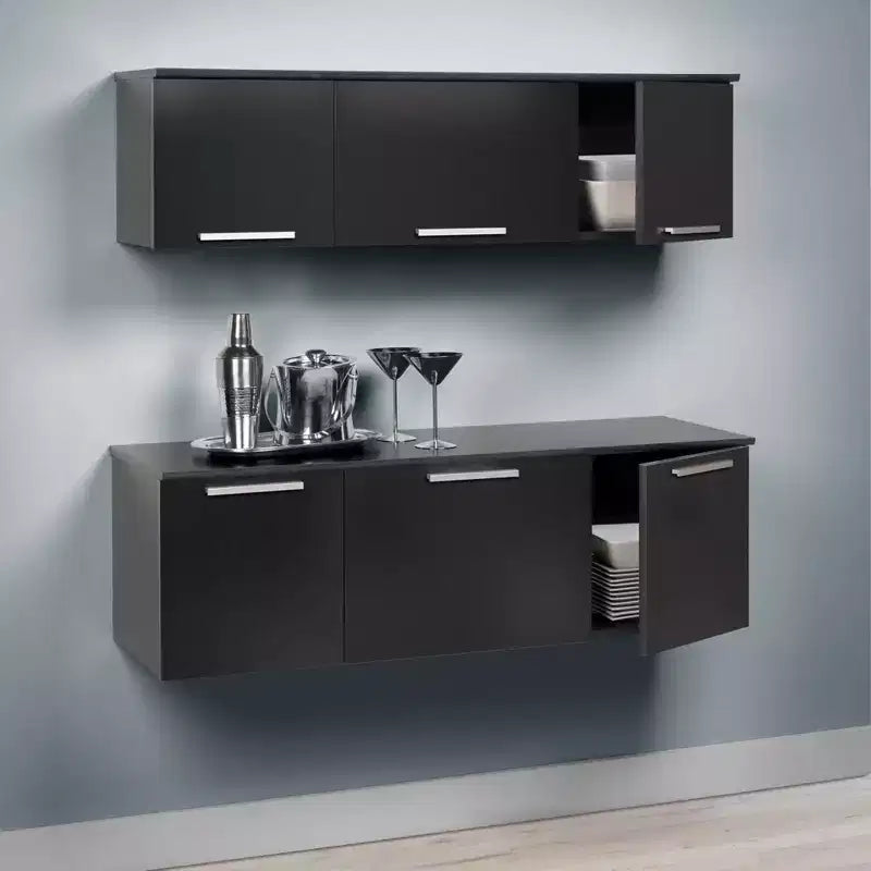 Armario superior de pared negro - almacenamiento laminado, bisagras de cierre automático, tiradores de níquel