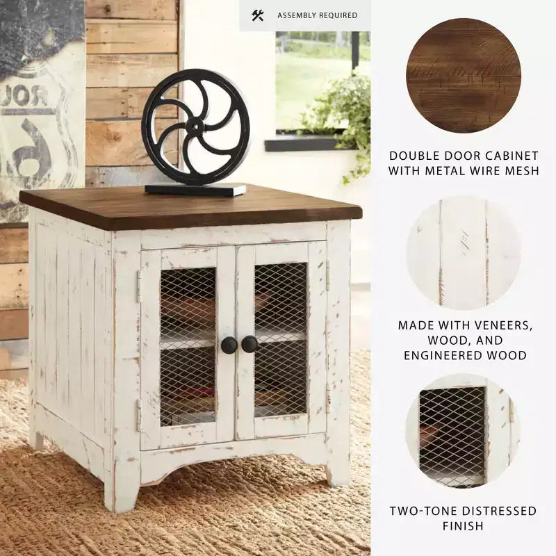 Beistelltisch, Weiß/Braun, moderner Stil mit Stauraum, Holzbeinen und zwei Türen