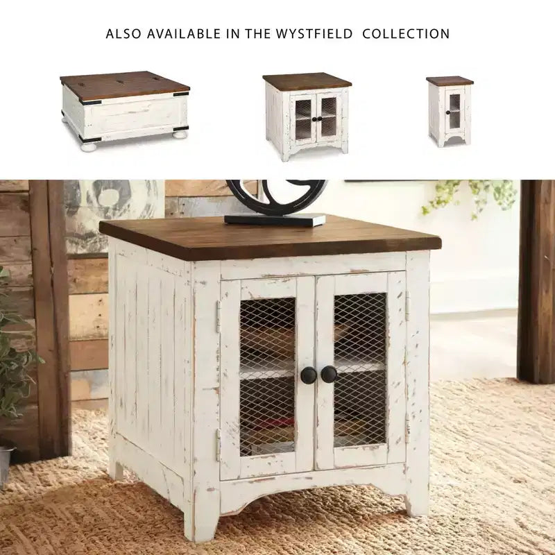 Beistelltisch, Weiß/Braun, moderner Stil mit Stauraum, Holzbeinen und zwei Türen