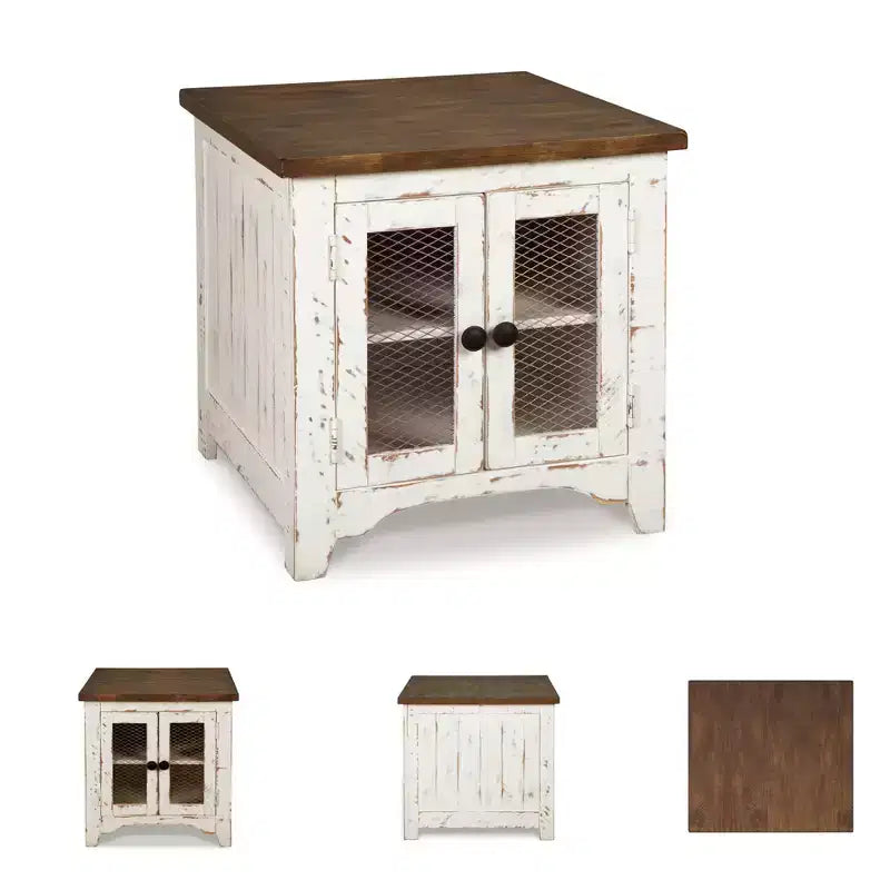 Beistelltisch, Weiß/Braun, moderner Stil mit Stauraum, Holzbeinen und zwei Türen
