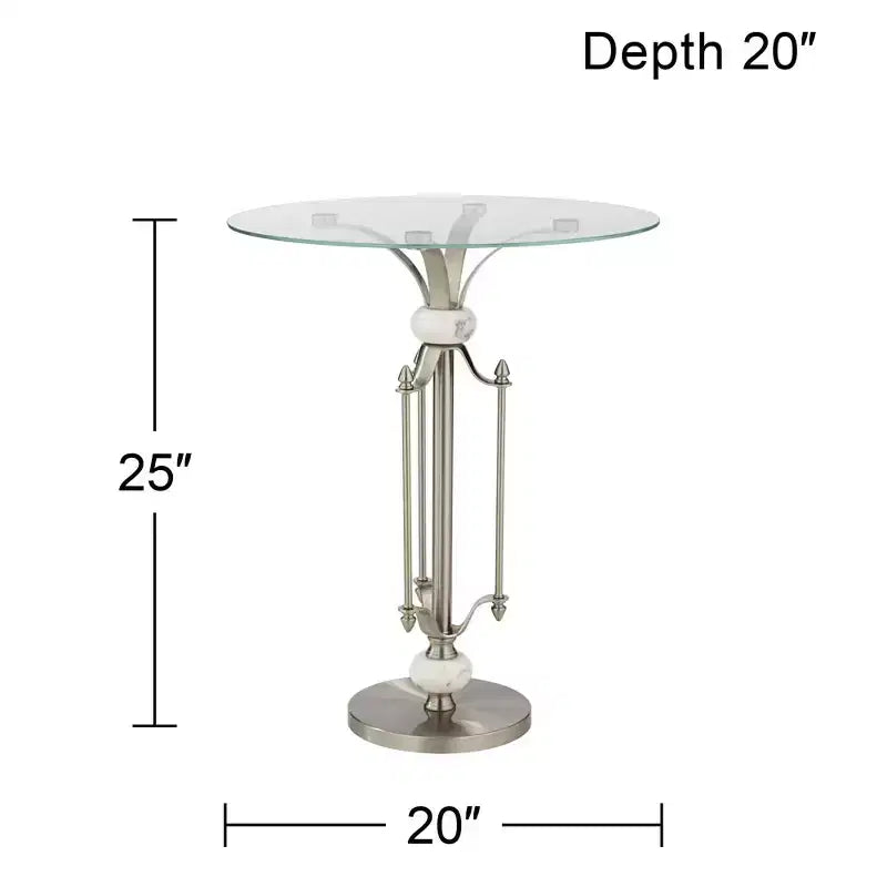 Moderner runder Beistelltisch aus Metall, 20 breit, gebürstetes Nickel, klare Glasplatte, Marmorakzente, für Wohnzimmer, Schlafzimmer, neben dem Bett und Eingangsbereich