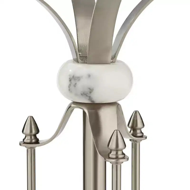 Moderner runder Beistelltisch aus Metall, 20 breit, gebürstetes Nickel, klare Glasplatte, Marmorakzente, für Wohnzimmer, Schlafzimmer, neben dem Bett und Eingangsbereich