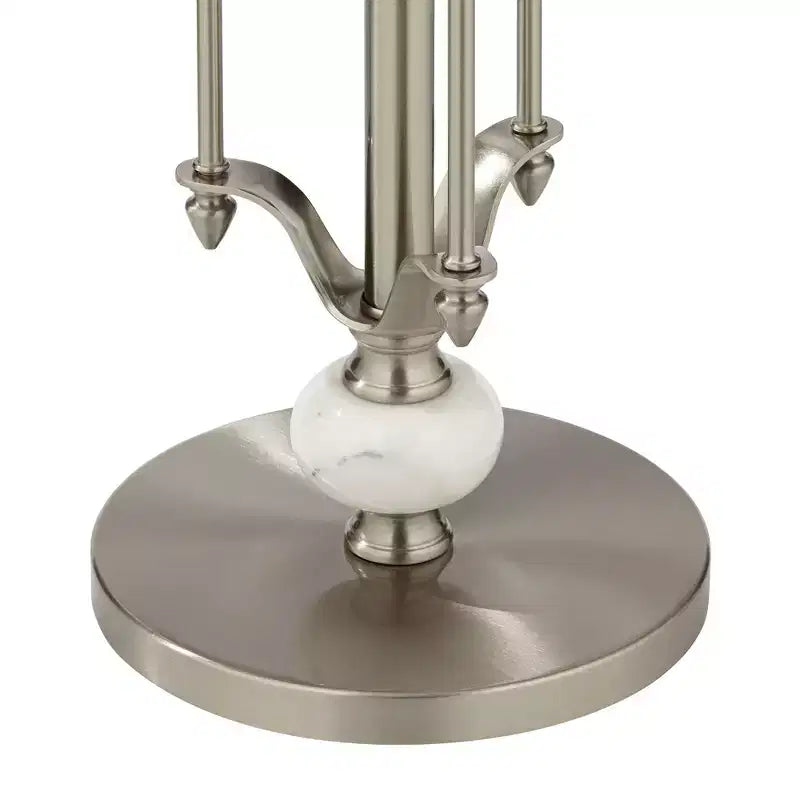 Moderner runder Beistelltisch aus Metall, 20 breit, gebürstetes Nickel, klare Glasplatte, Marmorakzente, für Wohnzimmer, Schlafzimmer, neben dem Bett und Eingangsbereich