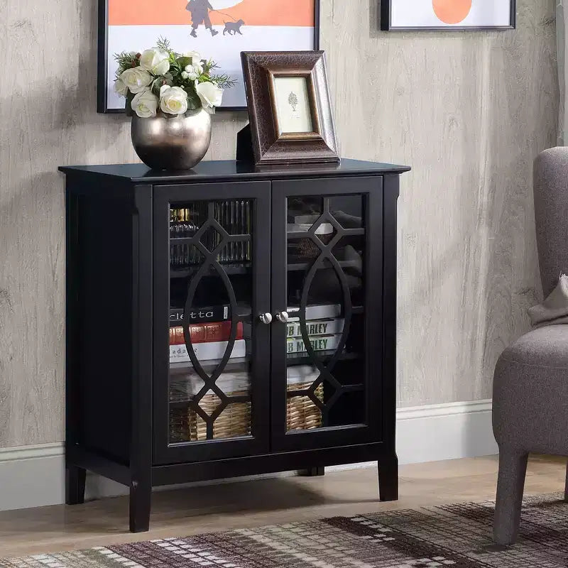 Sideboard-Vitrinenschrank mit zwei gerahmten Glastüren, 2 verstellbaren Regalböden und erhöhtem Sockel