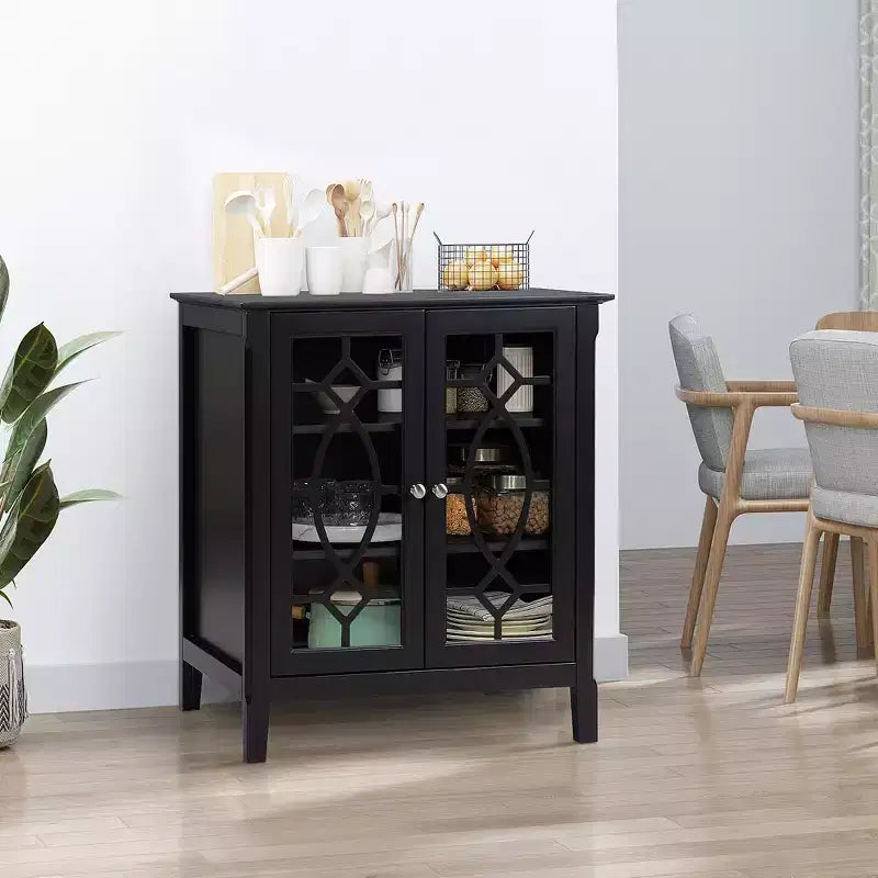 Sideboard-Vitrinenschrank mit zwei gerahmten Glastüren, 2 verstellbaren Regalböden und erhöhtem Sockel